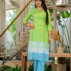 Women Tie& Dye Cotton Straight Shape Kurta , Pant With Dupatta