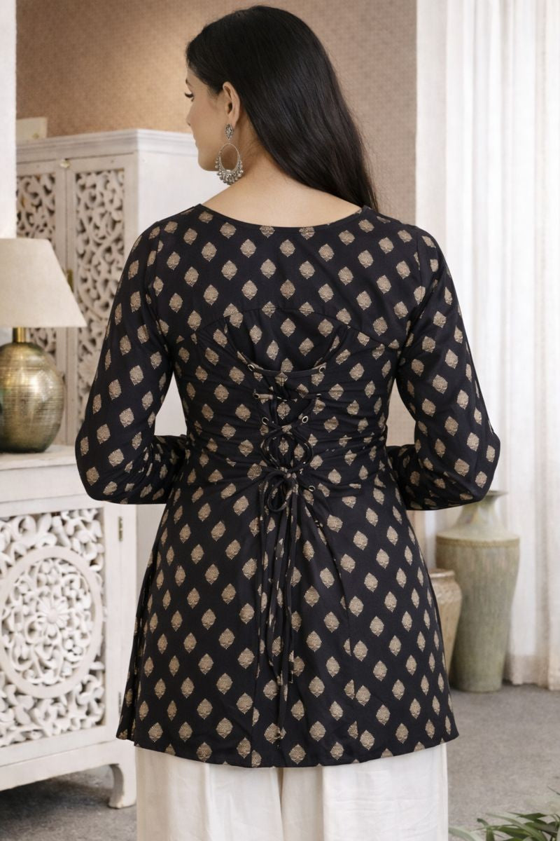 Midnight Bloom Cut-Out Kurti Top