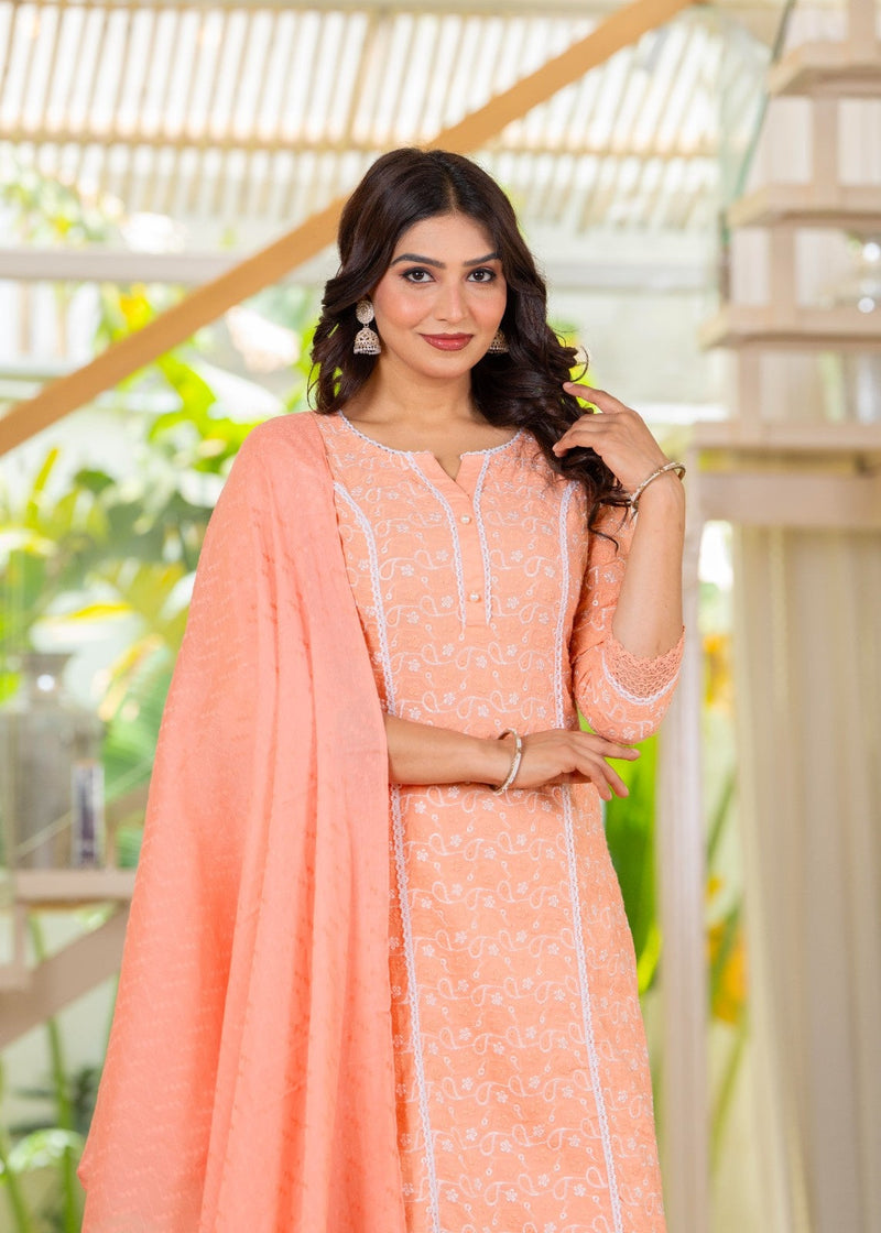 Cotton Schiffili Embroidered Kurta Pants and Dupatta