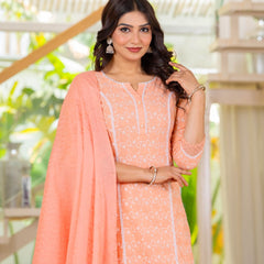 Cotton Schiffili Embroidered Kurta Pants and Dupatta