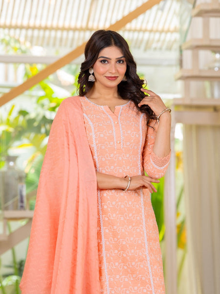Cotton Schiffili Embroidered Kurta Pants and Dupatta