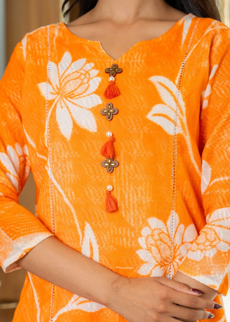 Cotton Dobby Hand Printed Kurta Pants and Dupatta