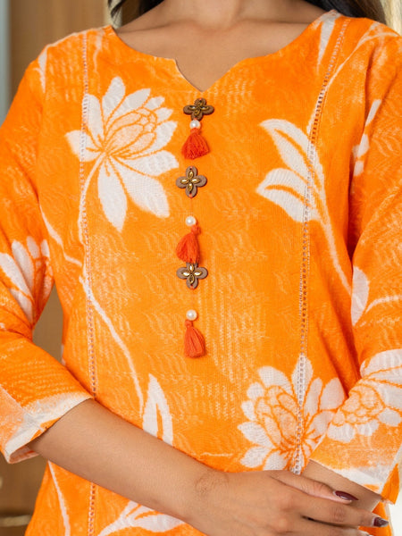 Cotton Dobby Hand Printed Kurta Pants and Dupatta