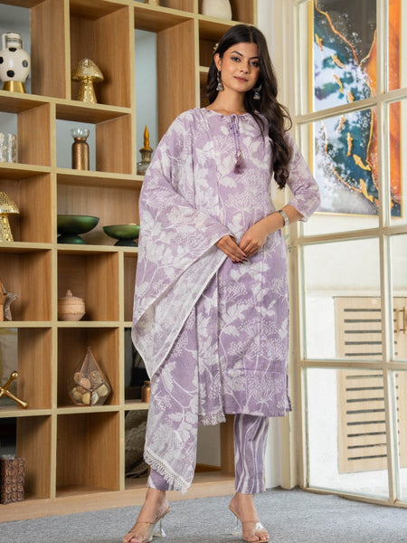 Cotton Dobby Hand Printed Kurta Pants and Dupatta