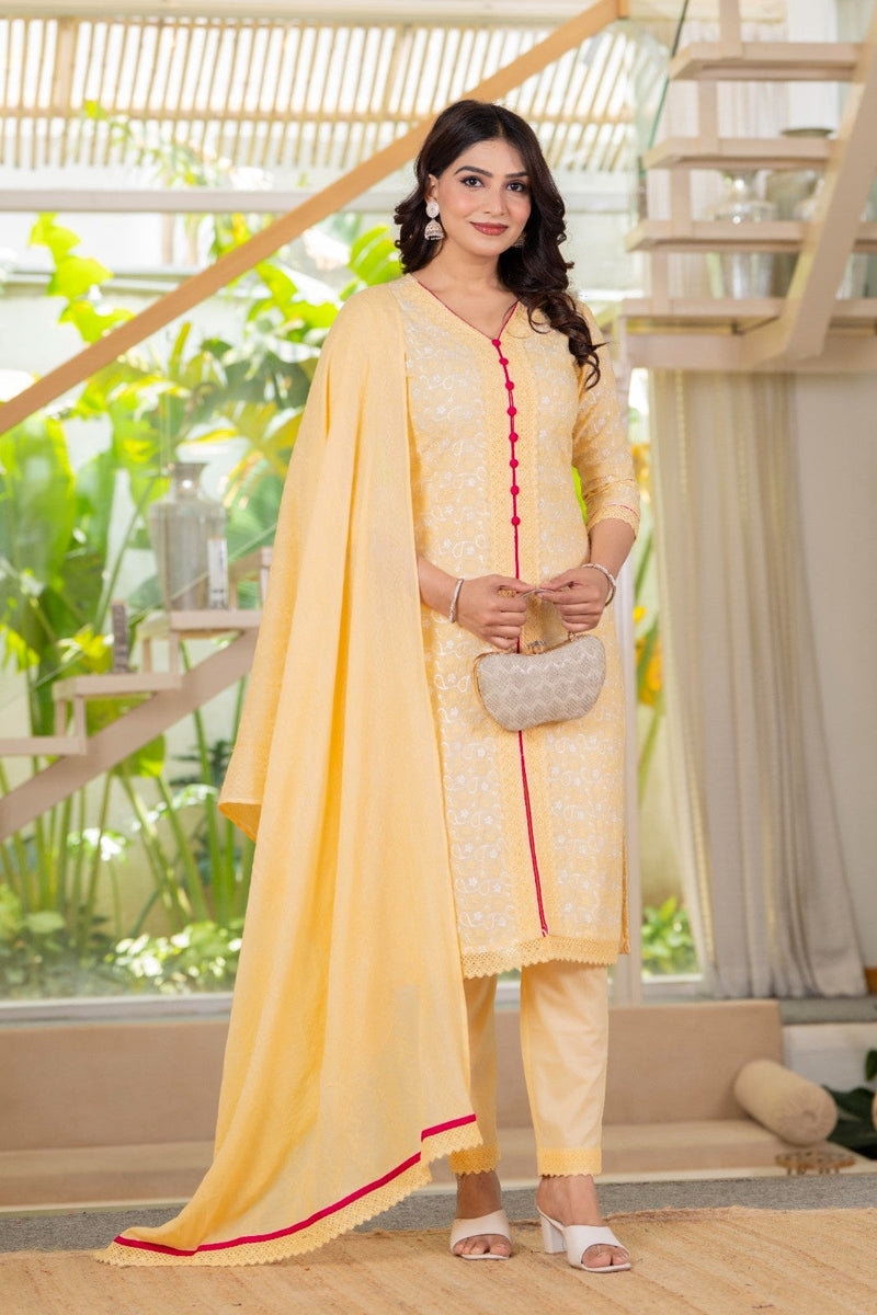 Cotton Schiffili Embroidered Kurta Pants and Dupatta