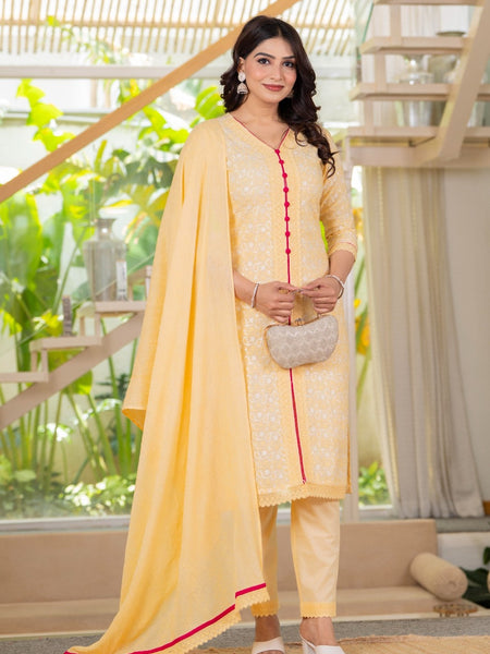 Cotton Schiffili Embroidered Kurta Pants and Dupatta