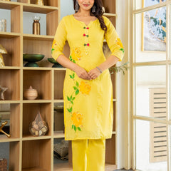 Mulcotton Hand Paninted Straight Kurta Pant &Dupatta