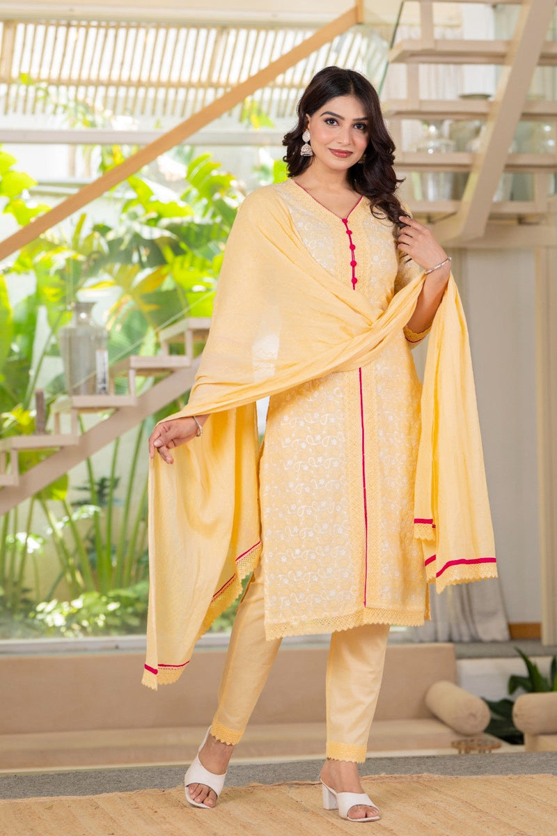 Cotton Schiffili Embroidered Kurta Pants and Dupatta