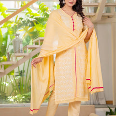 Cotton Schiffili Embroidered Kurta Pants and Dupatta