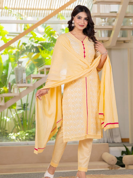 Cotton Schiffili Embroidered Kurta Pants and Dupatta