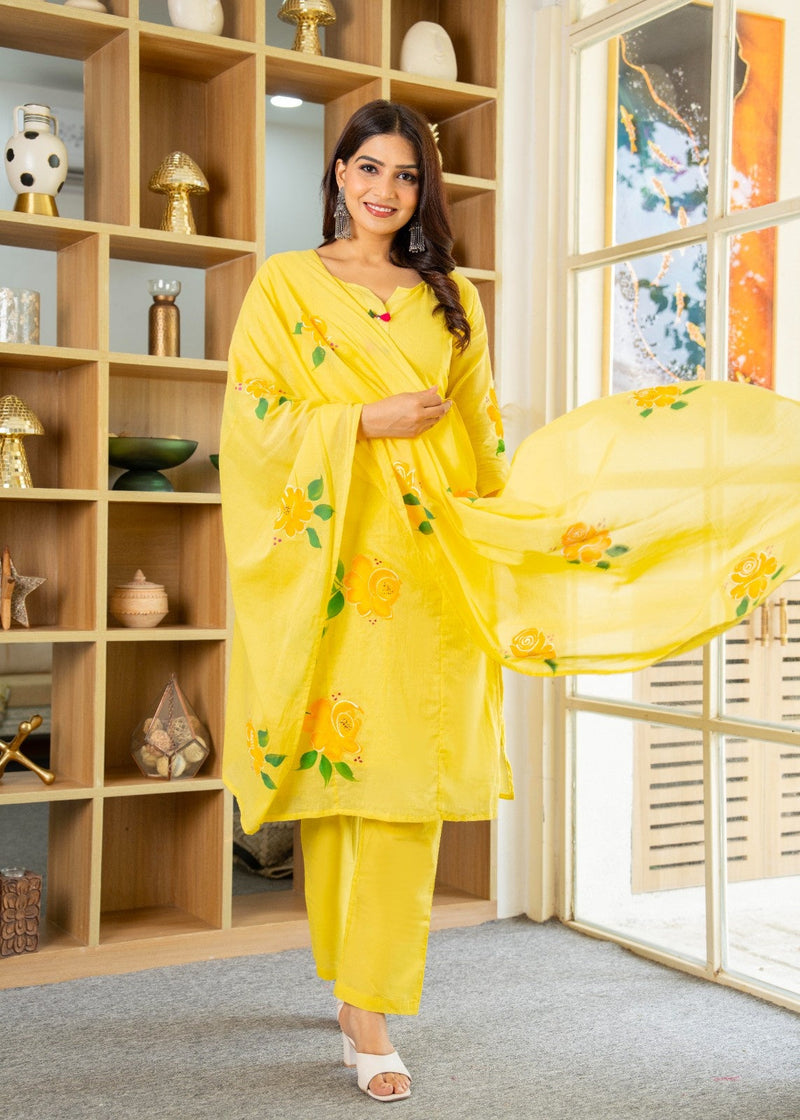 Mulcotton Hand Paninted Straight Kurta Pant &Dupatta