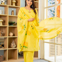 Mulcotton Hand Paninted Straight Kurta Pant &Dupatta