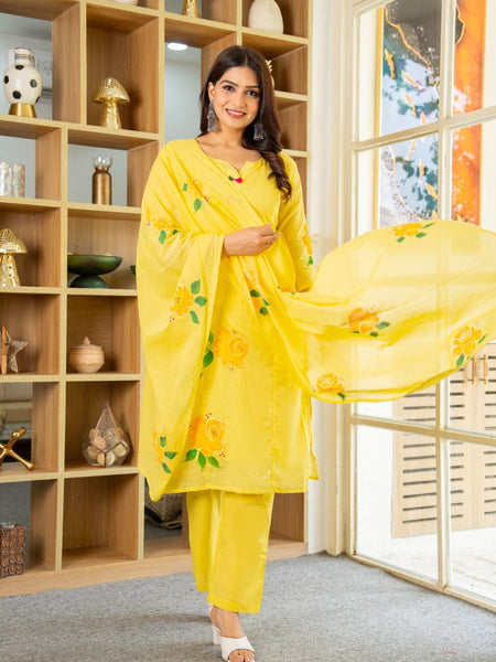 Mulcotton Hand Paninted Straight Kurta Pant &Dupatta