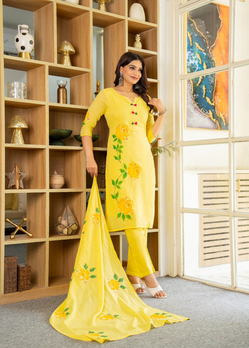 Mulcotton Hand Paninted Straight Kurta Pant &Dupatta