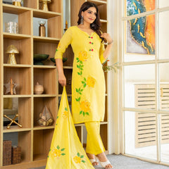 Mulcotton Hand Paninted Straight Kurta Pant &Dupatta