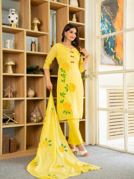 Mulcotton Hand Paninted Straight Kurta Pant &Dupatta