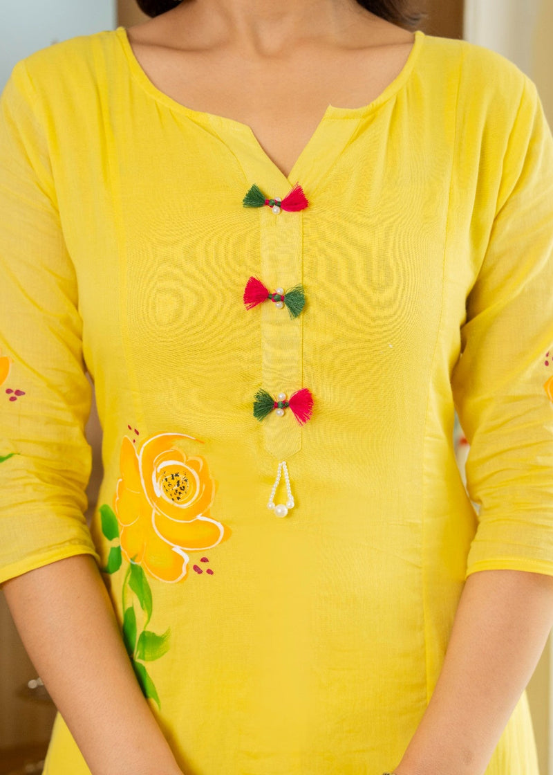 Mulcotton Hand Paninted Straight Kurta Pant &Dupatta