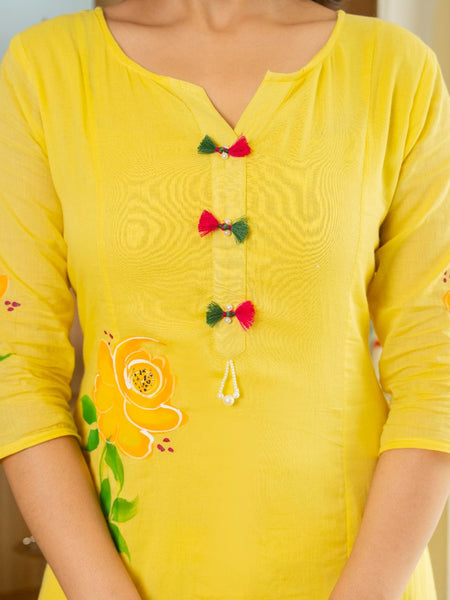 Mulcotton Hand Paninted Straight Kurta Pant &Dupatta