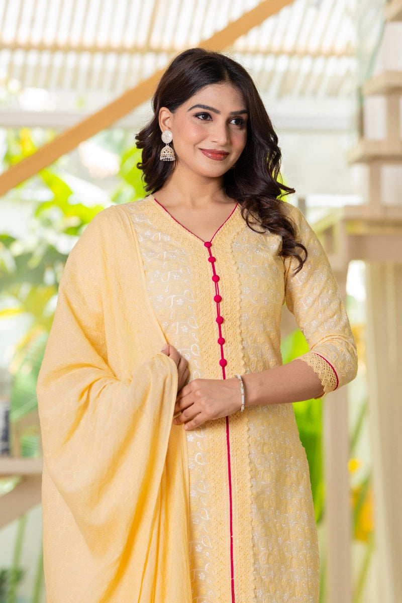Cotton Schiffili Embroidered Kurta Pants and Dupatta