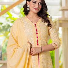 Cotton Schiffili Embroidered Kurta Pants and Dupatta