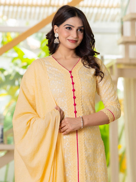 Cotton Schiffili Embroidered Kurta Pants and Dupatta