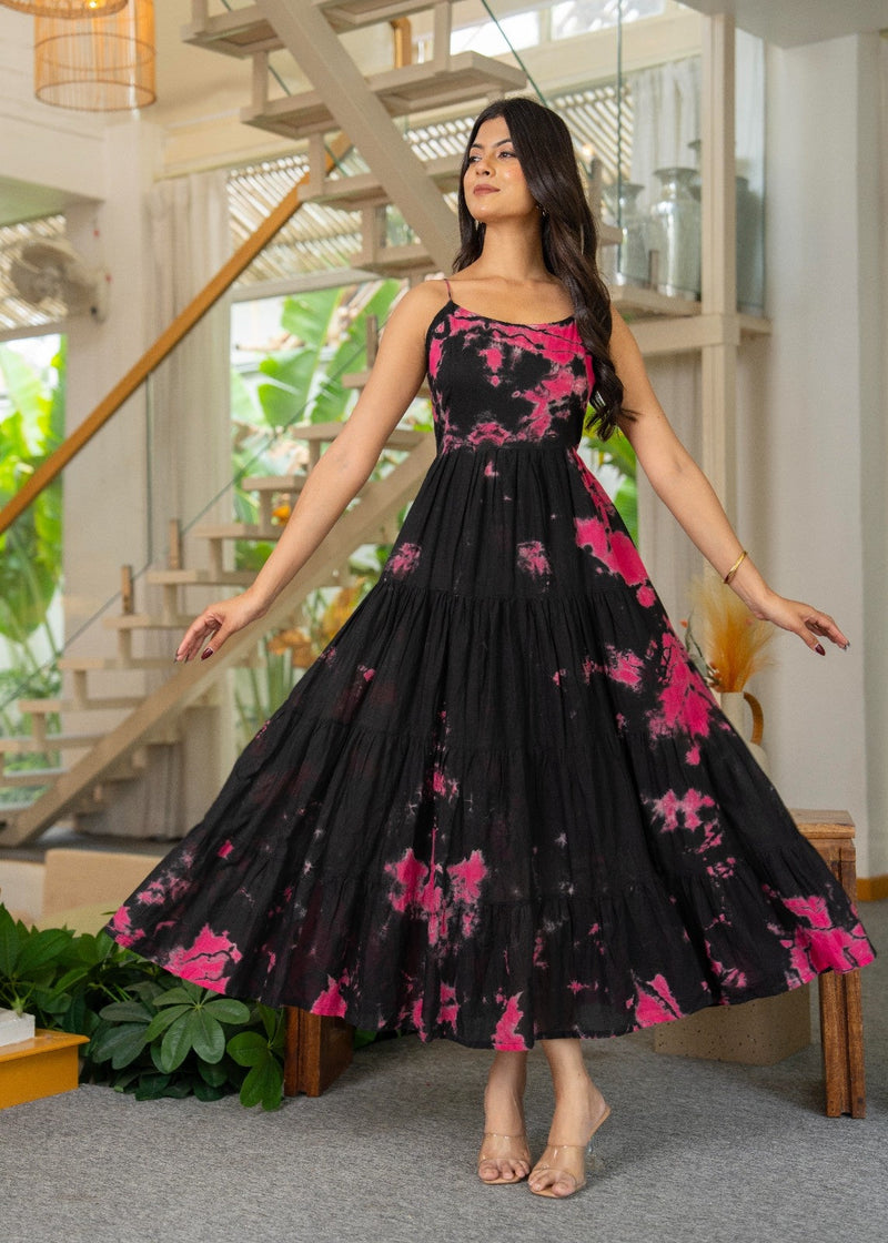 MulCotton Tie and Dye Sleeveless Tiered Dress