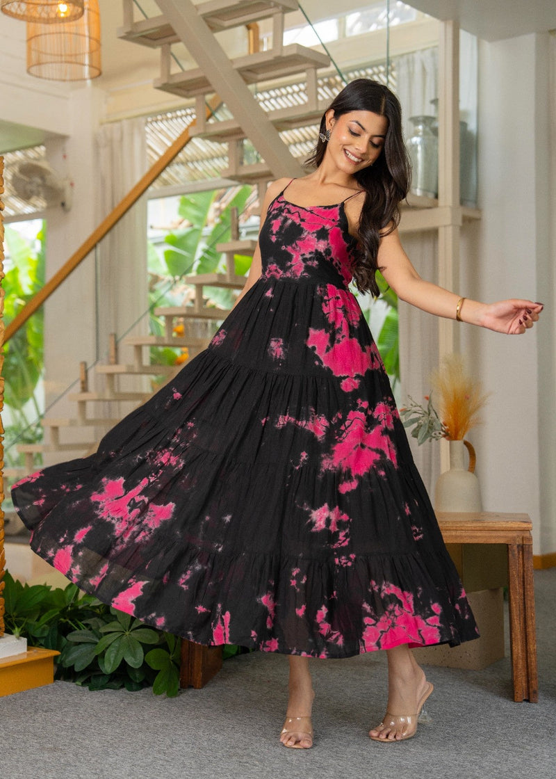MulCotton Tie and Dye Sleeveless Tiered Dress