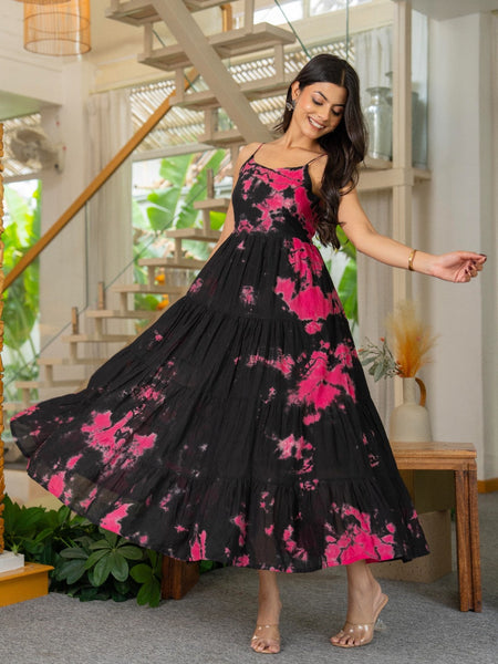 MulCotton Tie and Dye Sleeveless Tiered Dress