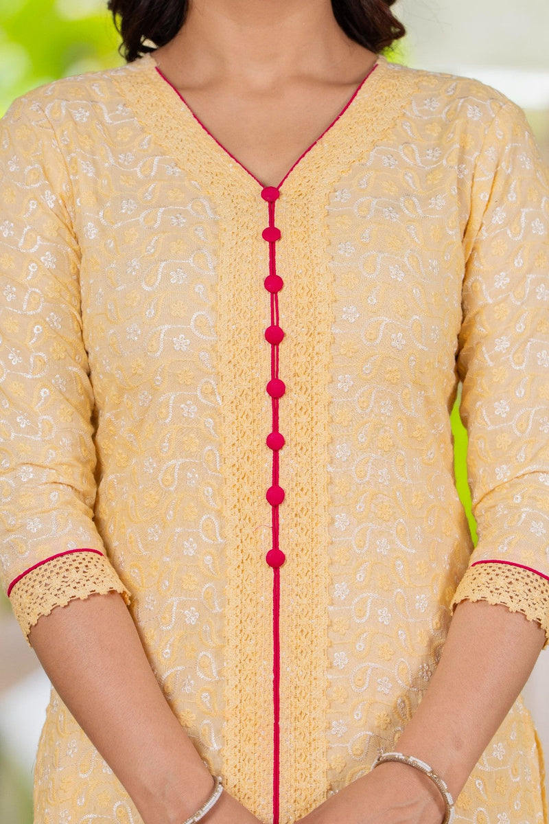 Cotton Schiffili Embroidered Kurta Pants and Dupatta