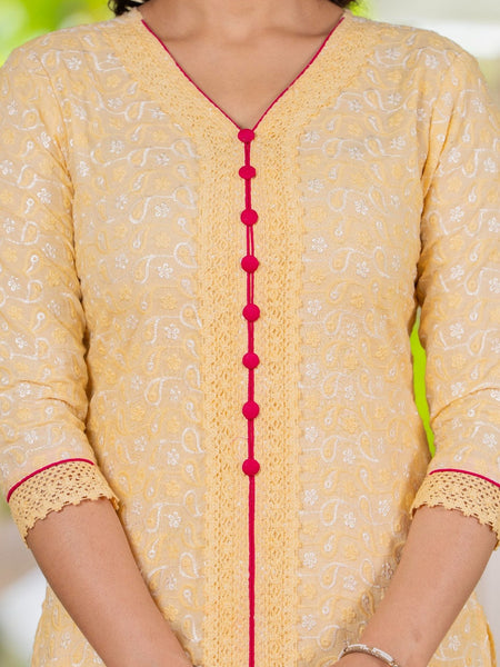 Cotton Schiffili Embroidered Kurta Pants and Dupatta