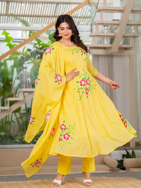 Mulcotton Hand Painted Kali Kurta Pant & Dupatta