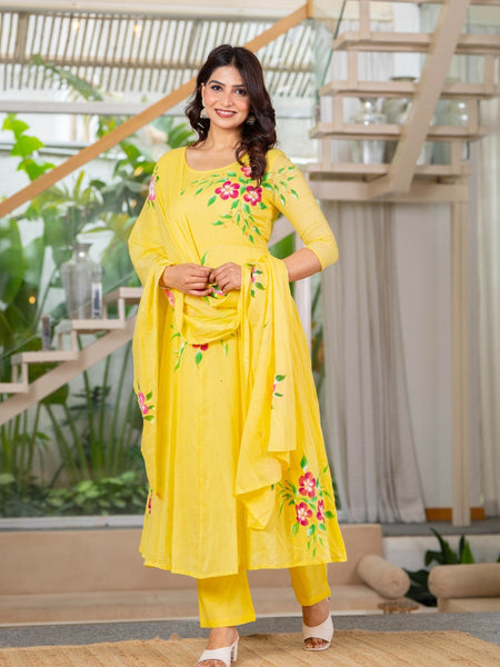 Mulcotton Hand Painted Kali Kurta Pant & Dupatta