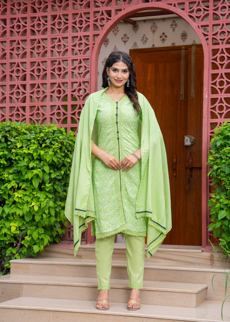 Cotton Schiffili Embroidered Kurta Pants and Dupatta