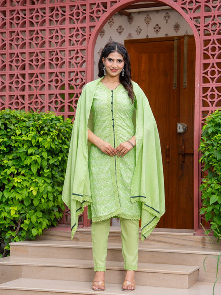 Cotton Schiffili Embroidered Kurta Pants and Dupatta