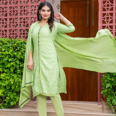 Cotton Schiffili Embroidered Kurta Pants and Dupatta
