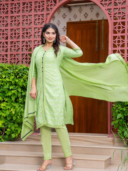 Cotton Schiffili Embroidered Kurta Pants and Dupatta
