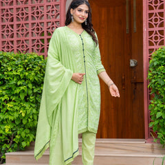 Cotton Schiffili Embroidered Kurta Pants and Dupatta