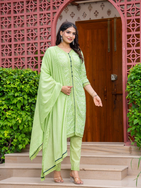 Cotton Schiffili Embroidered Kurta Pants and Dupatta