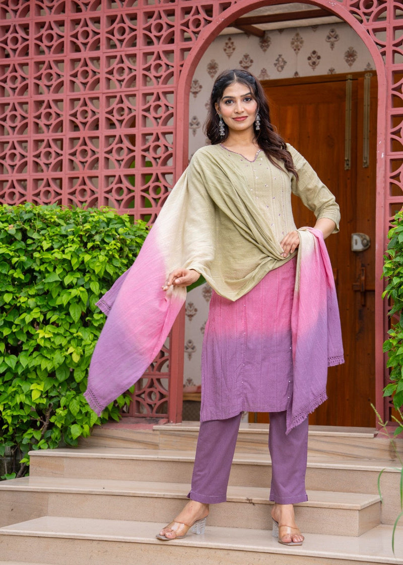 Cotton Dobby Ombre Effect Kurta Pants and Dupatta