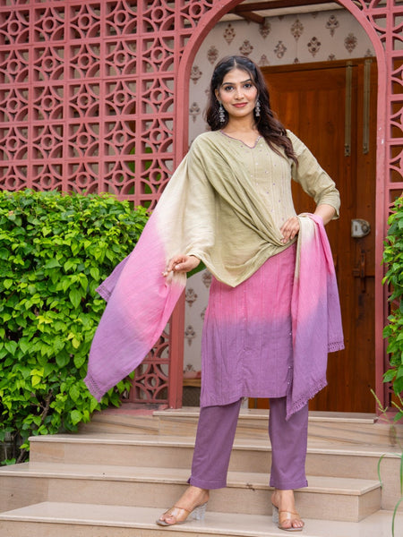 Cotton Dobby Ombre Effect Kurta Pants and Dupatta
