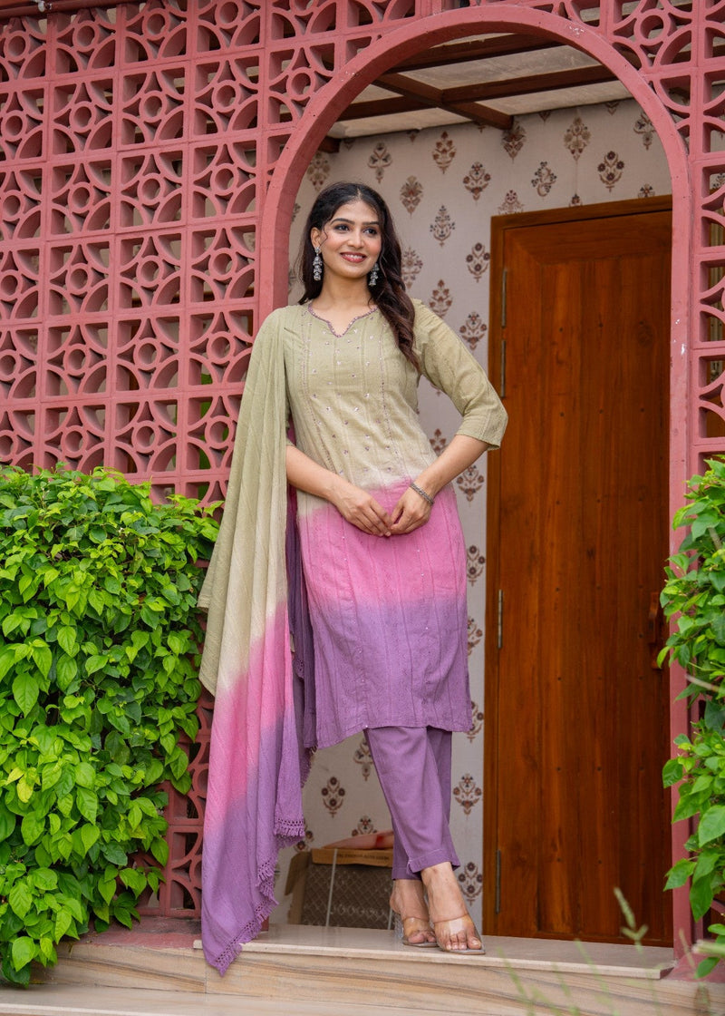Cotton Dobby Ombre Effect Kurta Pants and Dupatta