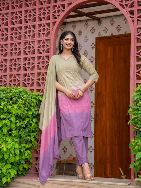 Cotton Dobby Ombre Effect Kurta Pants and Dupatta