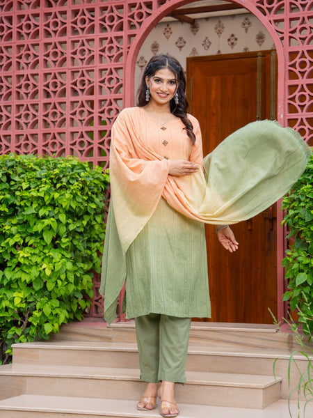 Cotton Dobby Ombre Effect Kurta Pants and Dupatta