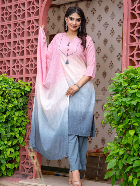 Cotton Dobby Ombre Effect Kurta Pants and Dupatta