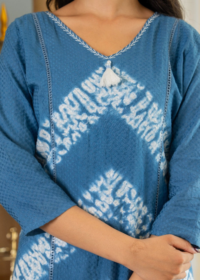 Cotton Dobby Indigo Effect Kurta Pants and Dupatta