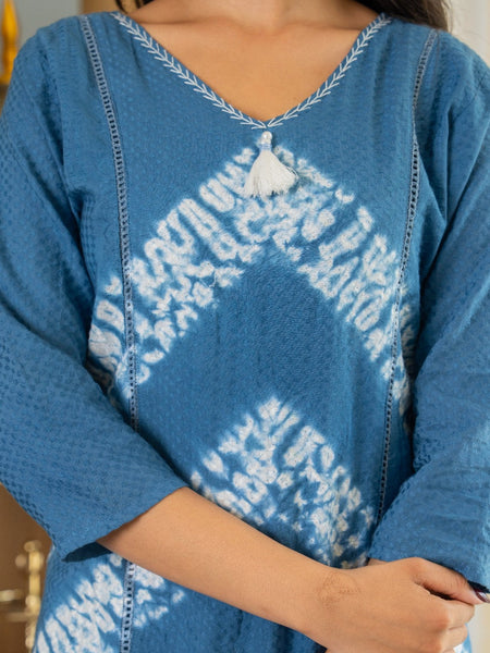 Cotton Dobby Indigo Effect Kurta Pants and Dupatta