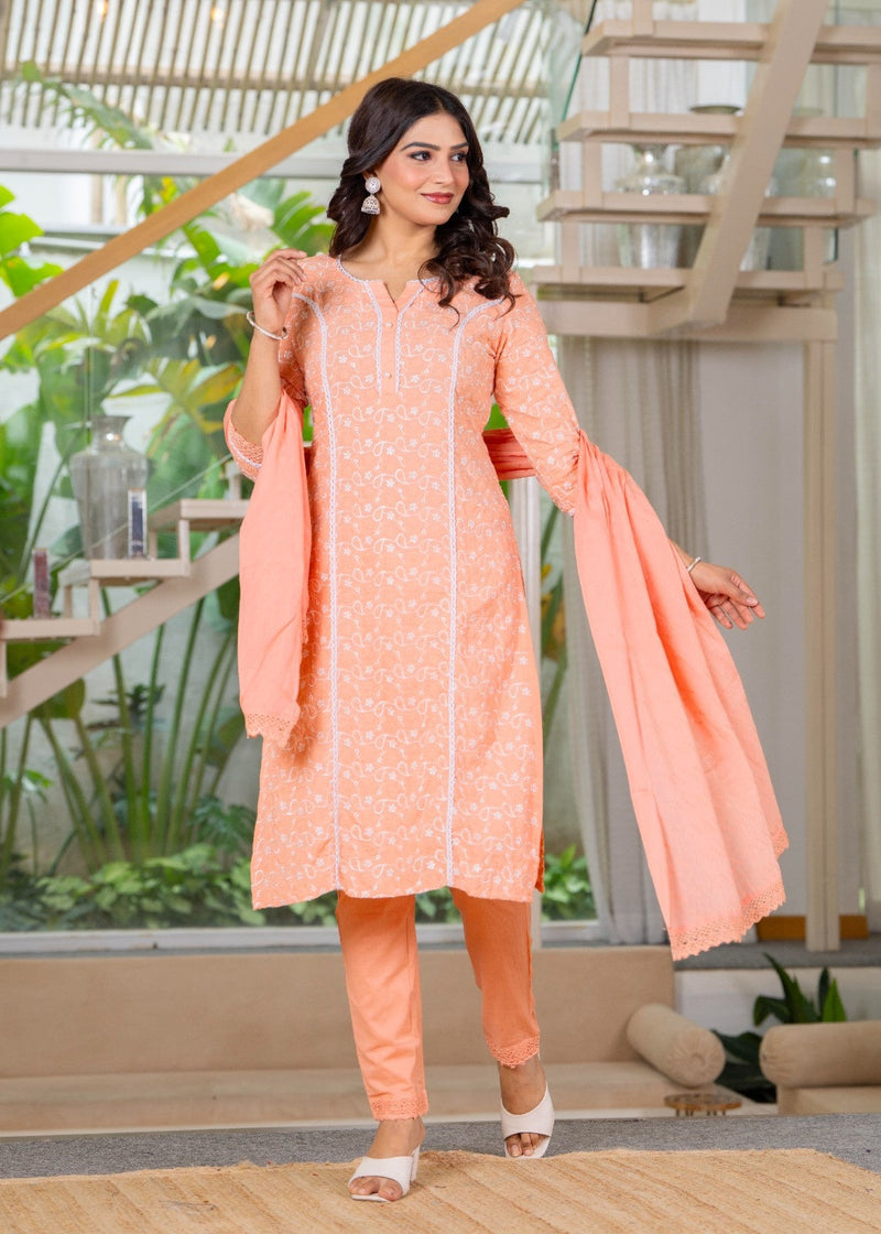 Cotton Schiffili Embroidered Kurta Pants and Dupatta