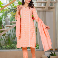Cotton Schiffili Embroidered Kurta Pants and Dupatta