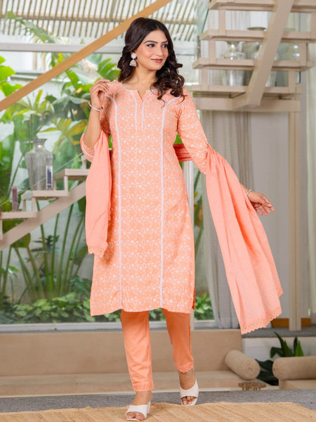 Cotton Schiffili Embroidered Kurta Pants and Dupatta