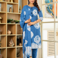 Cotton Dobby Indigo Effect Kurta Pants and Dupatta